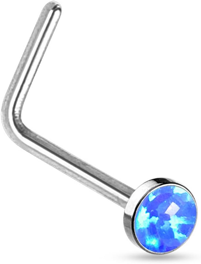 FifthCue 20G Synthetic Opal Set Flat Top PVD Over 316L Surgical Steel L bend Stud Nose Rings - Image 3